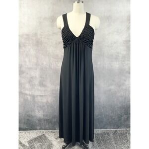 Women Empire Waist Maxi Dress Size 12 Black Ruched Stretch Glam Femme Fatale